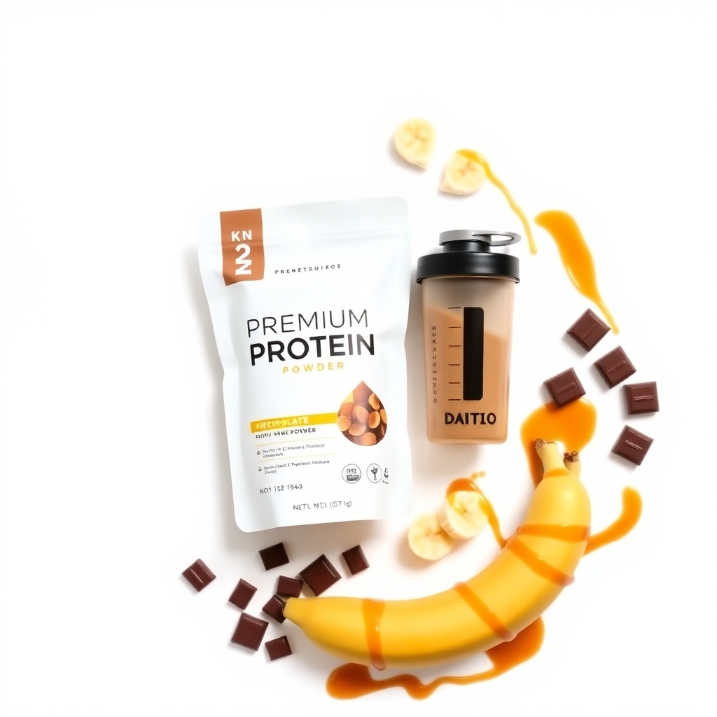 chocoZAP Bpro Protein powder chocolate banana flavor with shaker and banana flatlay