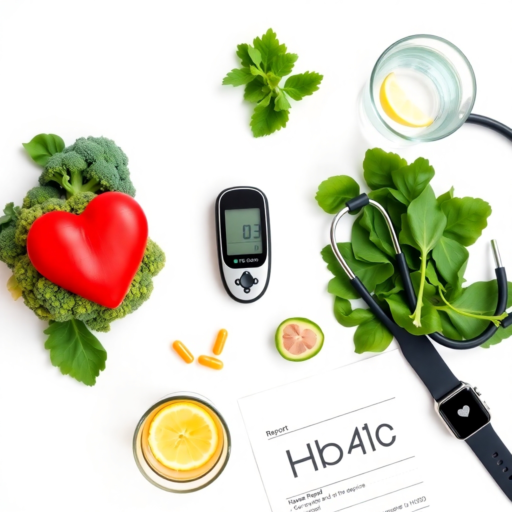 HbA1c report with healthy foods, supplements, and fitness tools for diabetes prevention