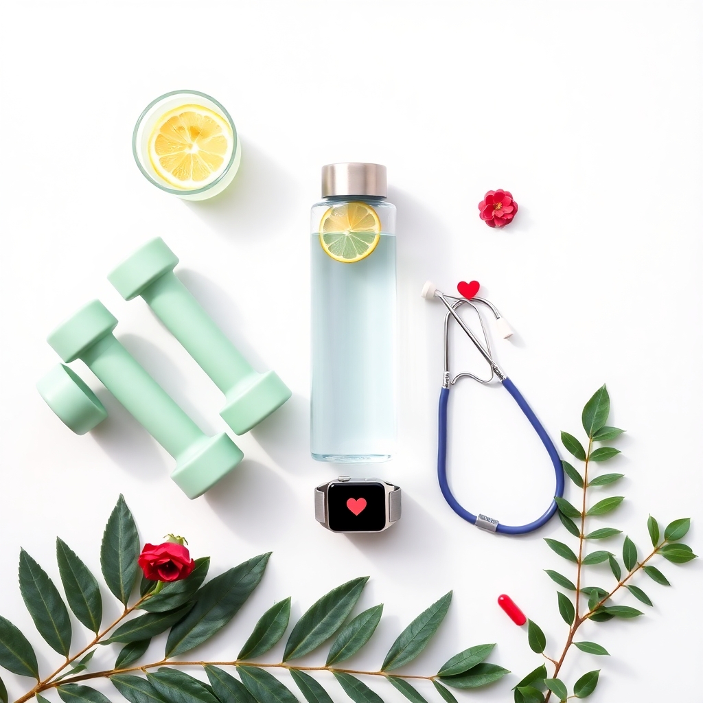 Hydration and metabolism concept with water bottle, lemon, dumbbells, smartwatch, and stethoscope for healthy lifestyle