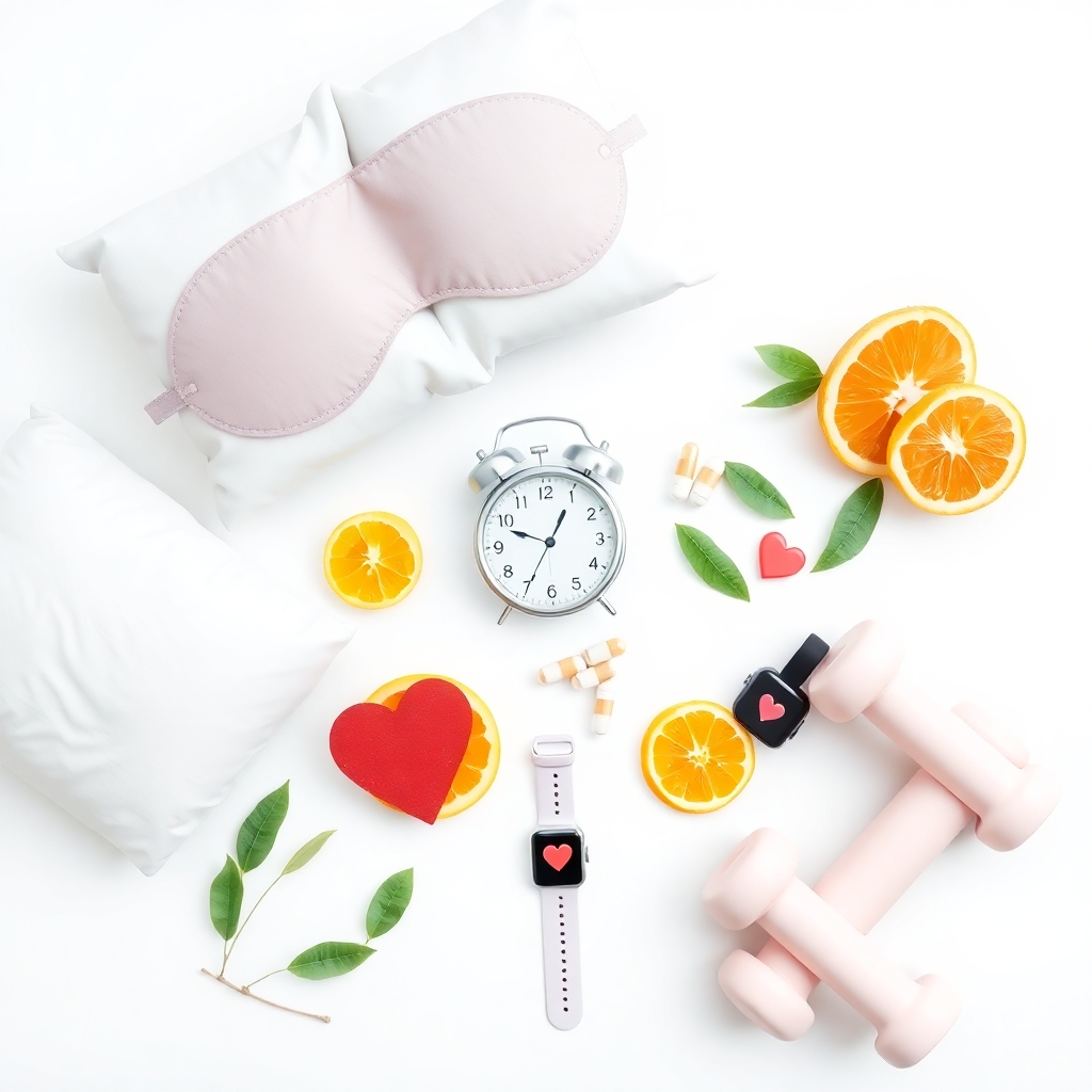 Sleep diet for 50s women with pillow, eye mask, vitamins, and dumbbells for health and beauty