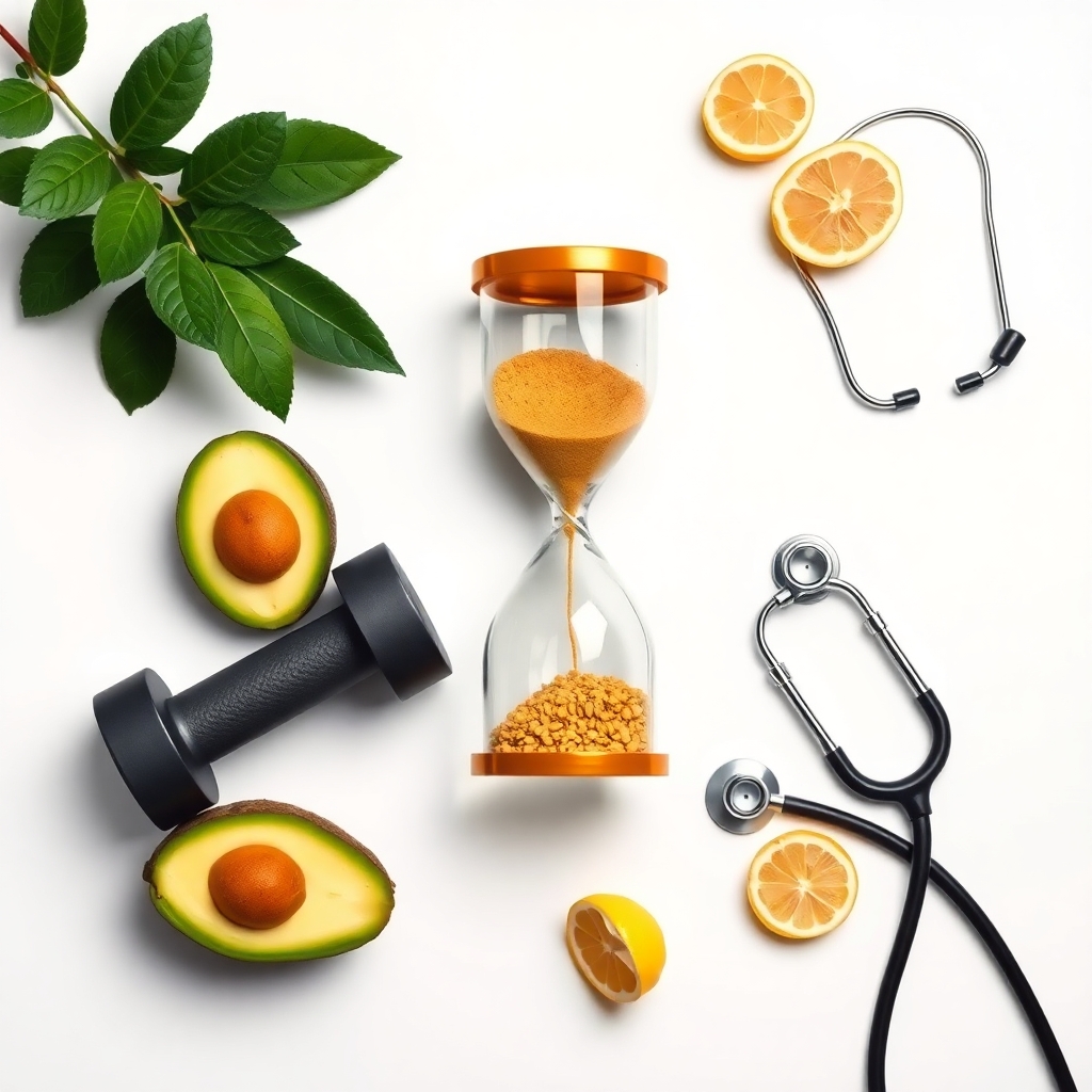 Testosterone decline in 50s health fitness and nutrition concept with hourglass avocado lemon and stethoscope
