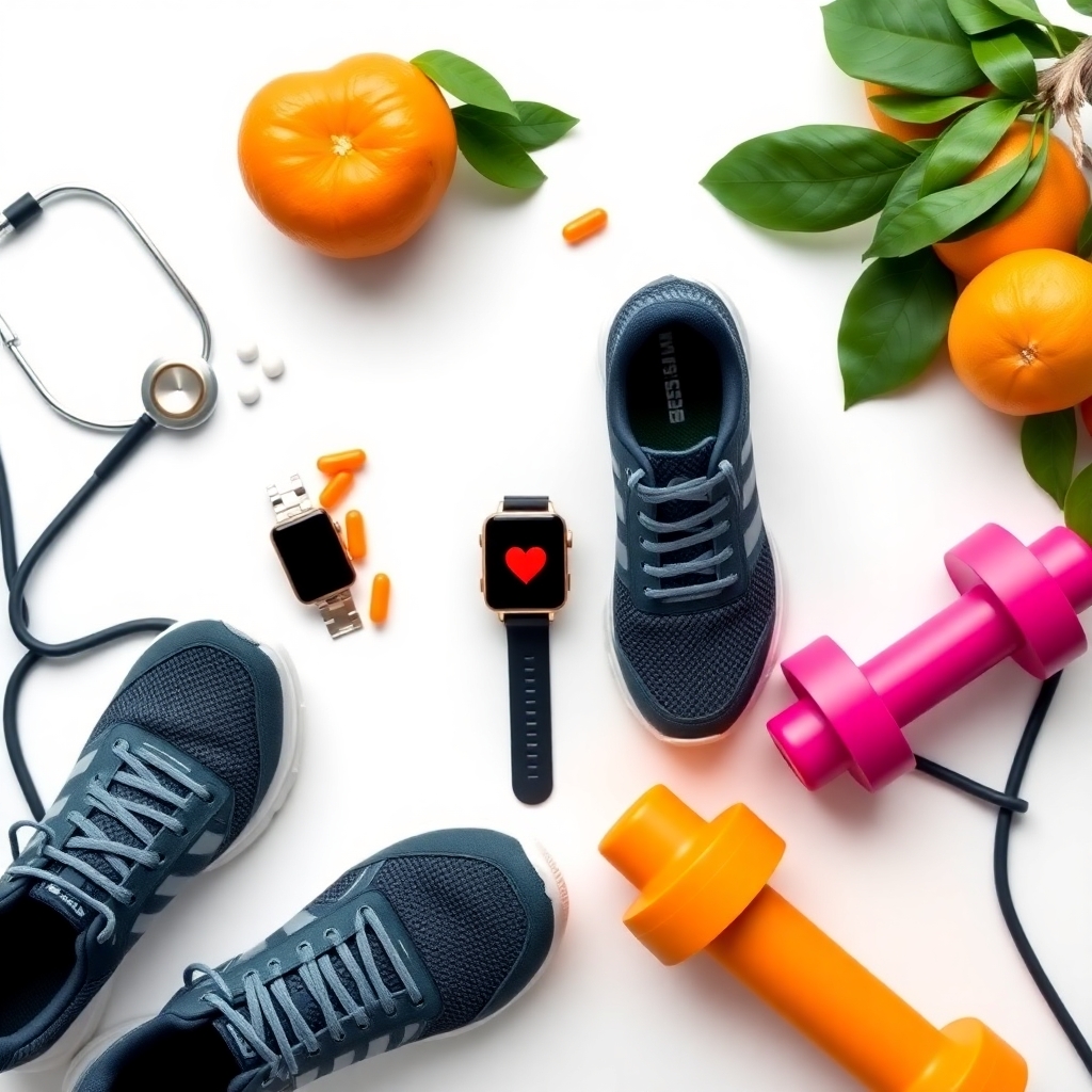 Walking shoes, smartwatch, dumbbells and fresh oranges symbolizing fitness and health for people in their 50s